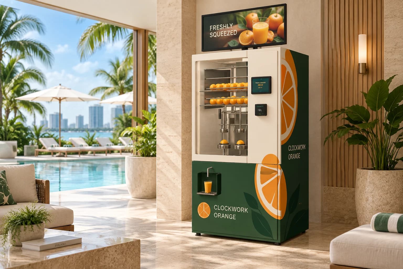 Clockwork Orange juice machine beside a sheltered Miami hotel pool lounge